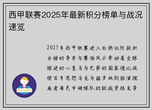 西甲联赛2025年最新积分榜单与战况速览