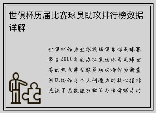 世俱杯历届比赛球员助攻排行榜数据详解